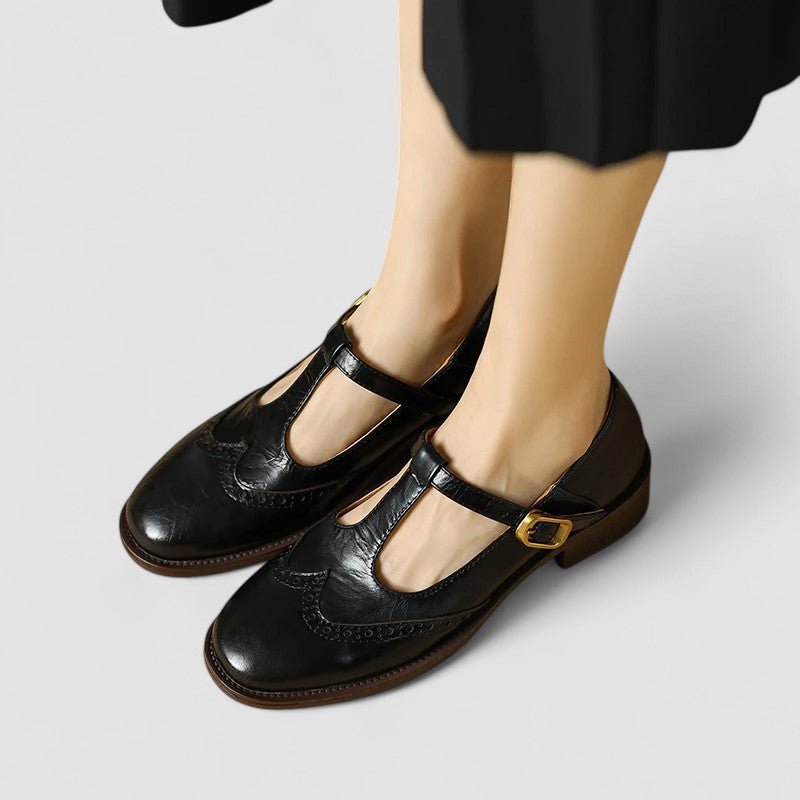 Women's casual Mary Jane shoes in neutral tones with cushioned insole and classic strap closure