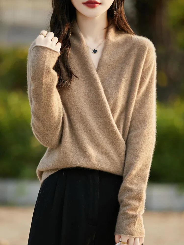 Women's wool knit V-neck sweater relaxed fit long sleeve casual pullover wardrobe essential