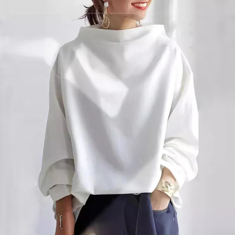 Hayden oversized high-collar hoodie in neutral tone, relaxed cotton-blend pullover with ribbed cuffs