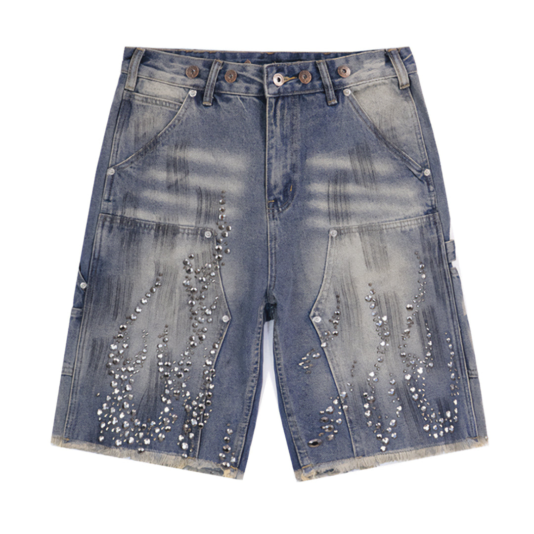 Blue wide-leg carpenter denim shorts with rhinestone flame embroidery and frayed hem