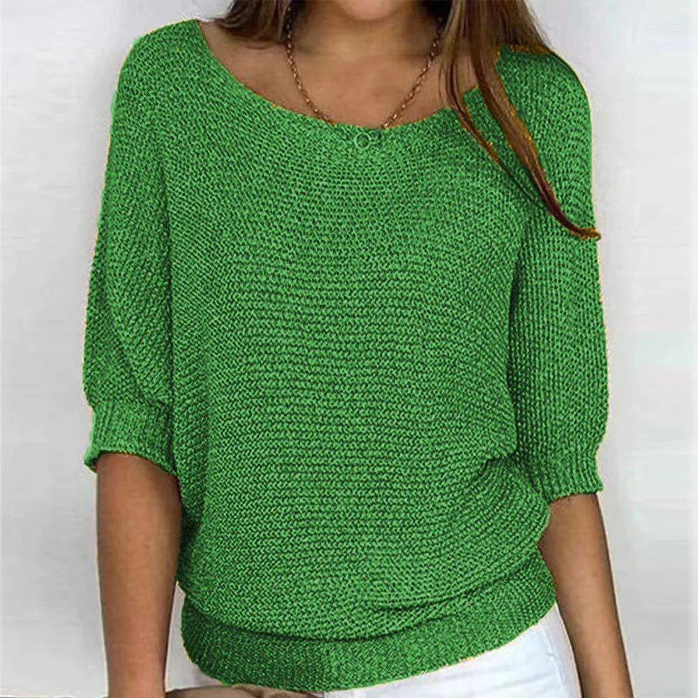 Women's loose fit knit sweater round neck three-quarter sleeves soft everyday essential