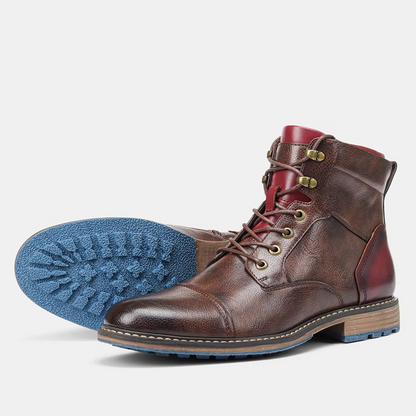 Men's brown vegan leather ankle boots sleek low-heel profile perfect for office and weekend wear