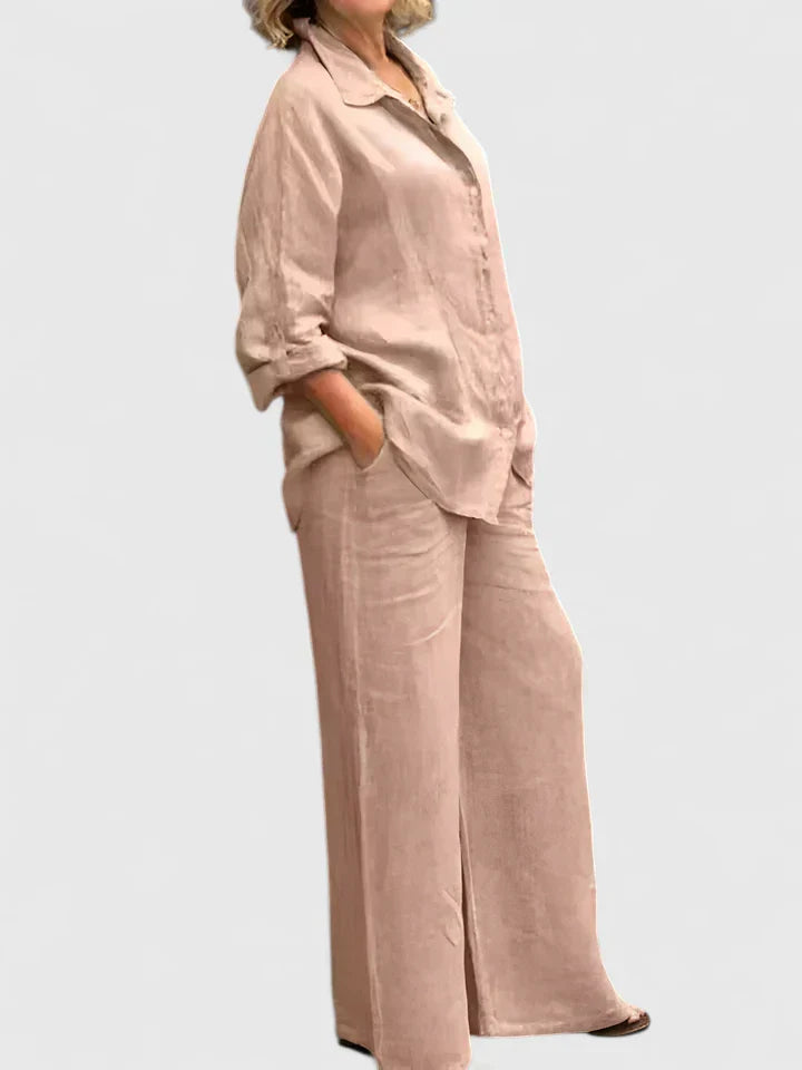 Soft pink linen two-piece set oversized button-down shirt with matching wide-leg pants