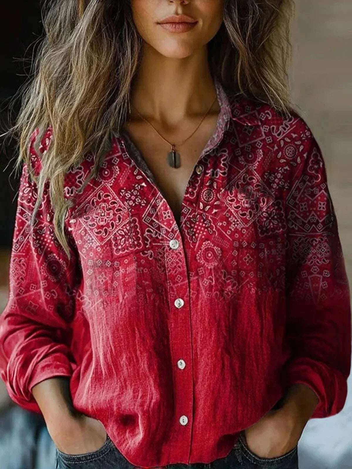 Women's vintage floral long sleeve button-down shirt in terracotta and dusty rose tapestry botanical print