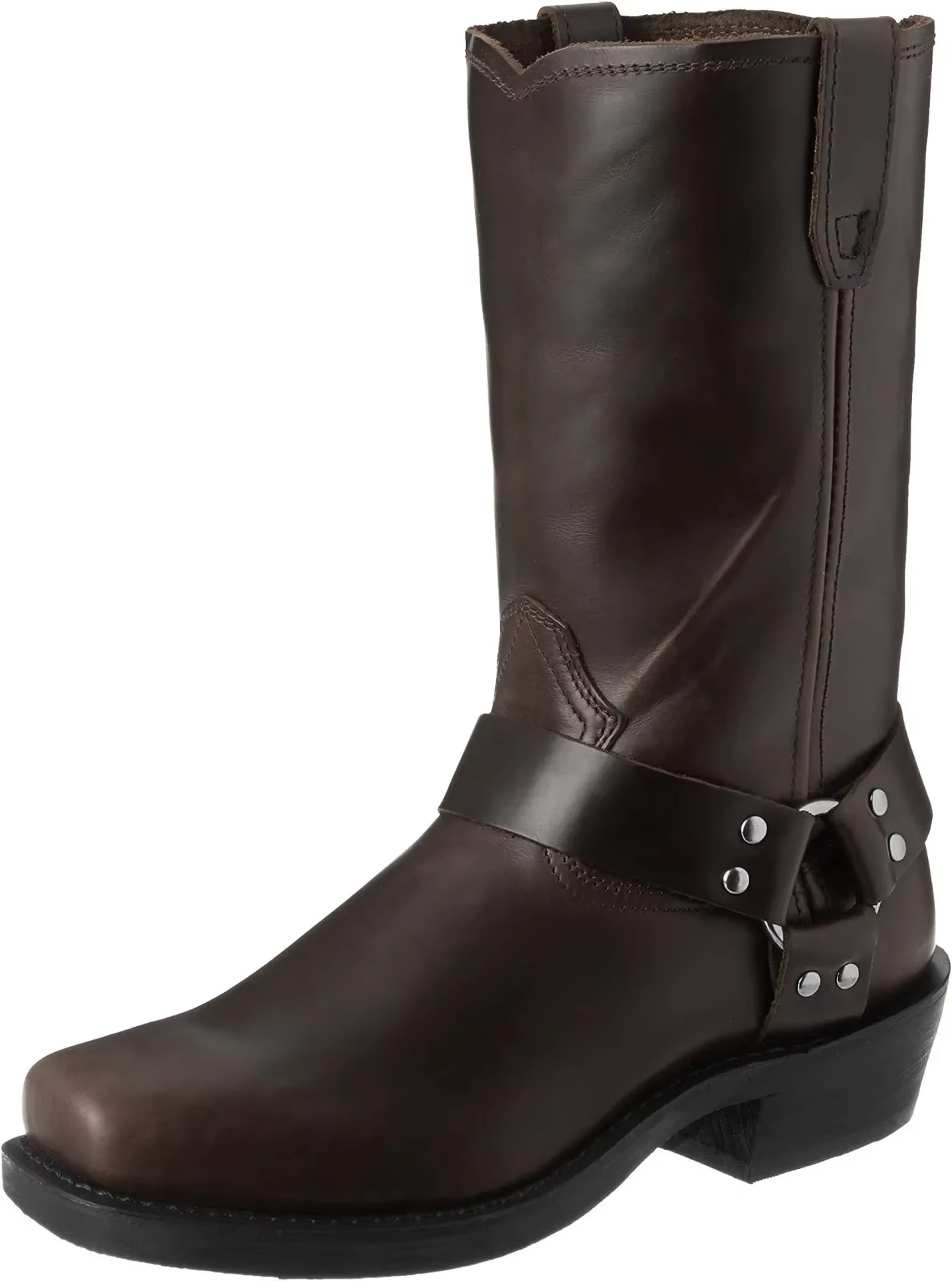 Men's retro western cowboy boots mid-calf brown PU leather slip-on with classic stitching