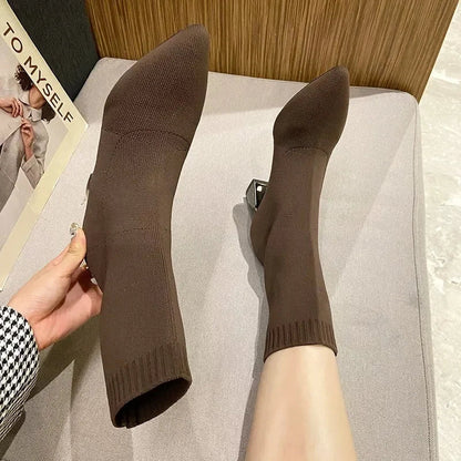 Women's black stretch-knit sock boots pointed toe comfort leather elegant slip-on