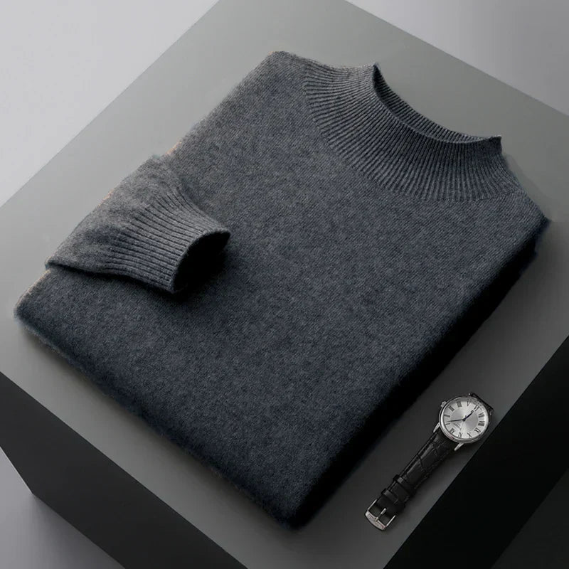 Men's wool knit sweatshirt regular fit semi turtleneck ribbed cuffs warm winter pullover