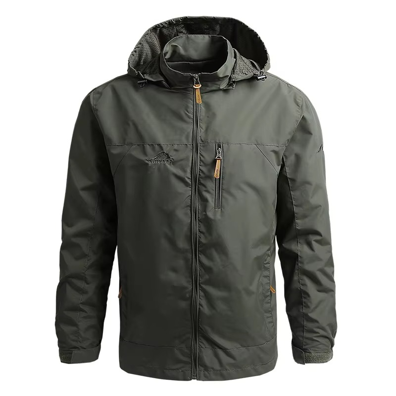 Men's tactical waterproof windbreaker jacket with hood, lightweight weather-resistant outdoor climbing shell
