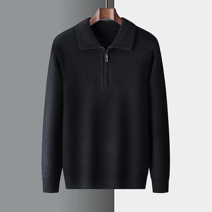 Men's wool quarter-zip pullover with ribbed collar and cuffs, smart-casual knit sweater