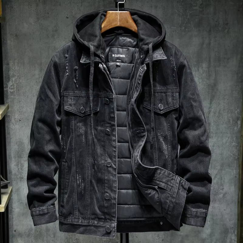 Men's black heavyweight hooded denim jacket thick cotton-lined warm winter coat plus size up to 5XL