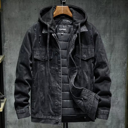 Men's black heavyweight hooded denim jacket thick cotton-lined warm winter coat plus size up to 5XL