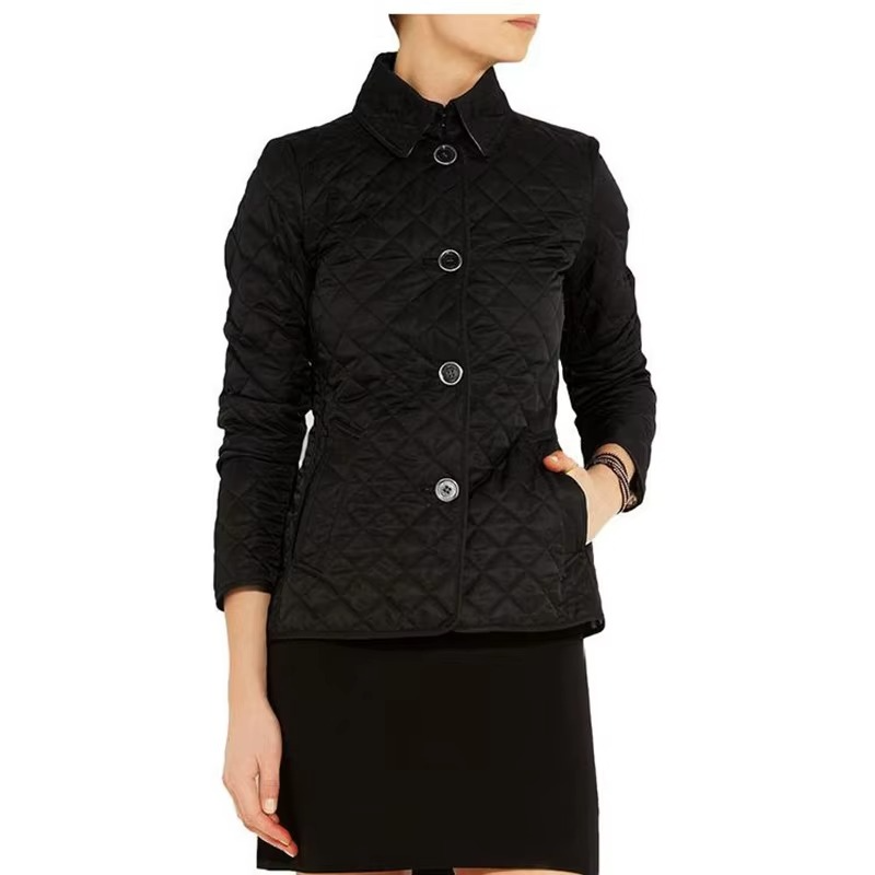 Women's slim quilted winter coat with lapel collar, tailored silhouette, and side pockets