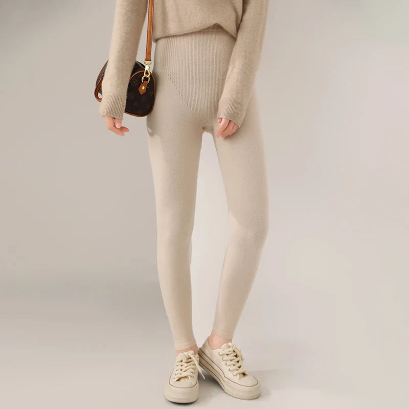 Black cashmere knit leggings high-waisted tight-hugging breathable 100% wool ultra-soft comfort fit