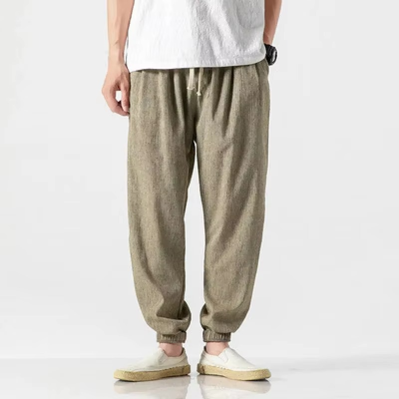 Men's cotton linen harem trousers relaxed fit cuffed ankles casual breathable everyday pants