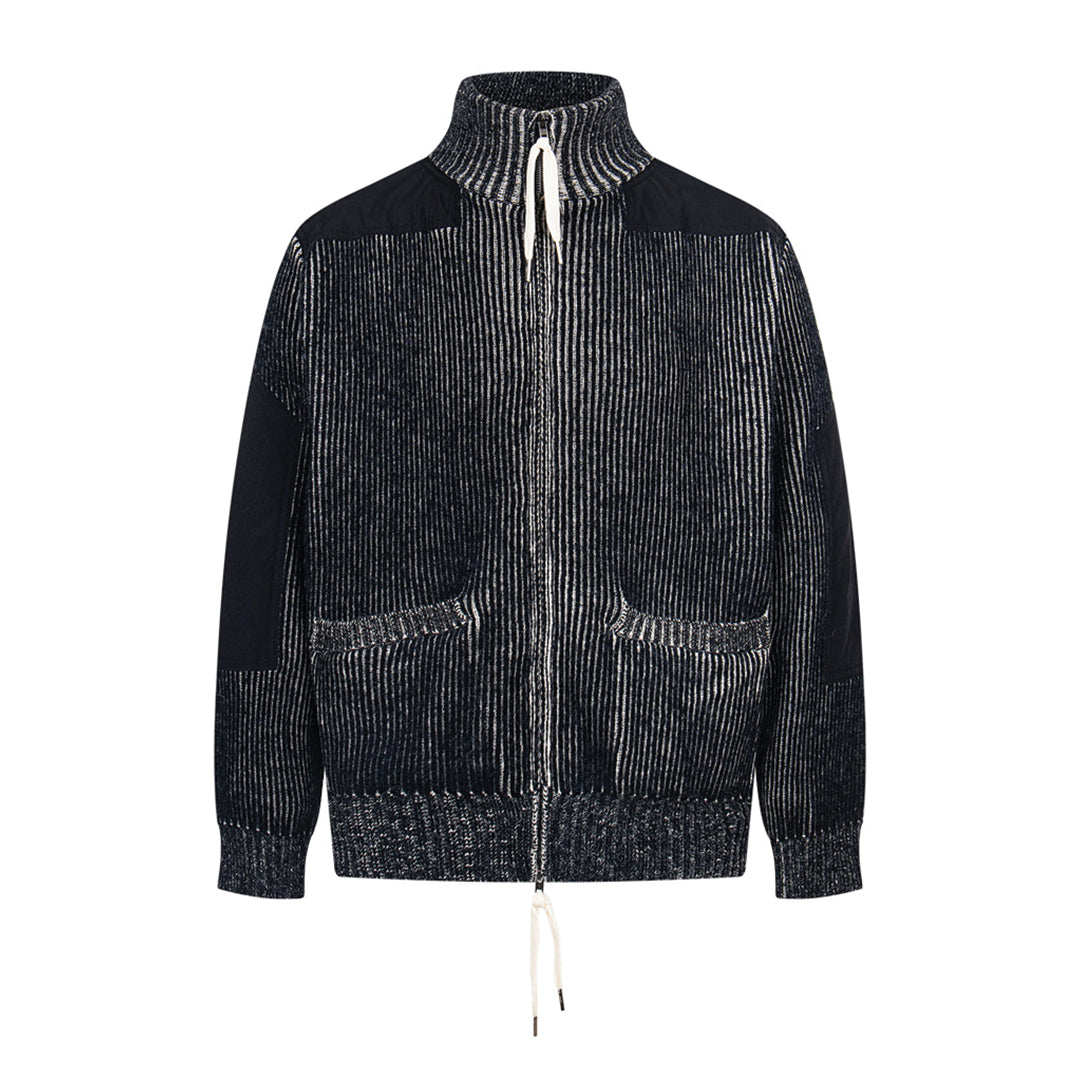 Ribbed wool-blend mock neck zipper sweater with stand collar and textured knit detail