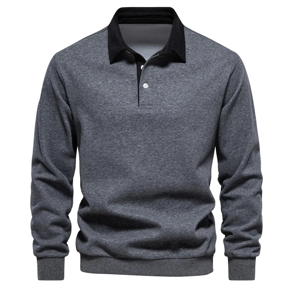 Navy cotton knit polo pullover sweater with white contrast collar, classic slim fit menswear