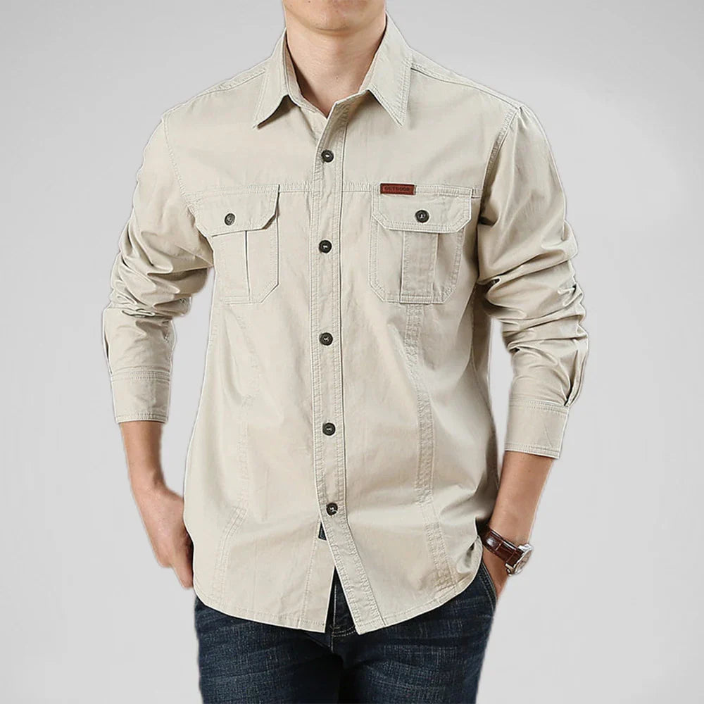 Men's brown utility work shirt relaxed fit with multiple chest and sleeve pockets for organized workdays