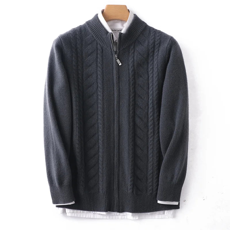 Ivory mock neck zip-up cashmere wool knit sweater with ribbed trim and slim silhouette