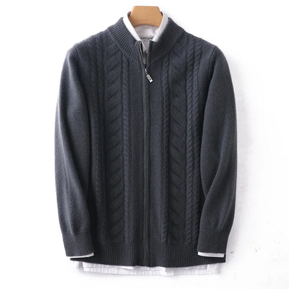 Ivory mock neck zip-up cashmere wool knit sweater with ribbed trim and slim silhouette