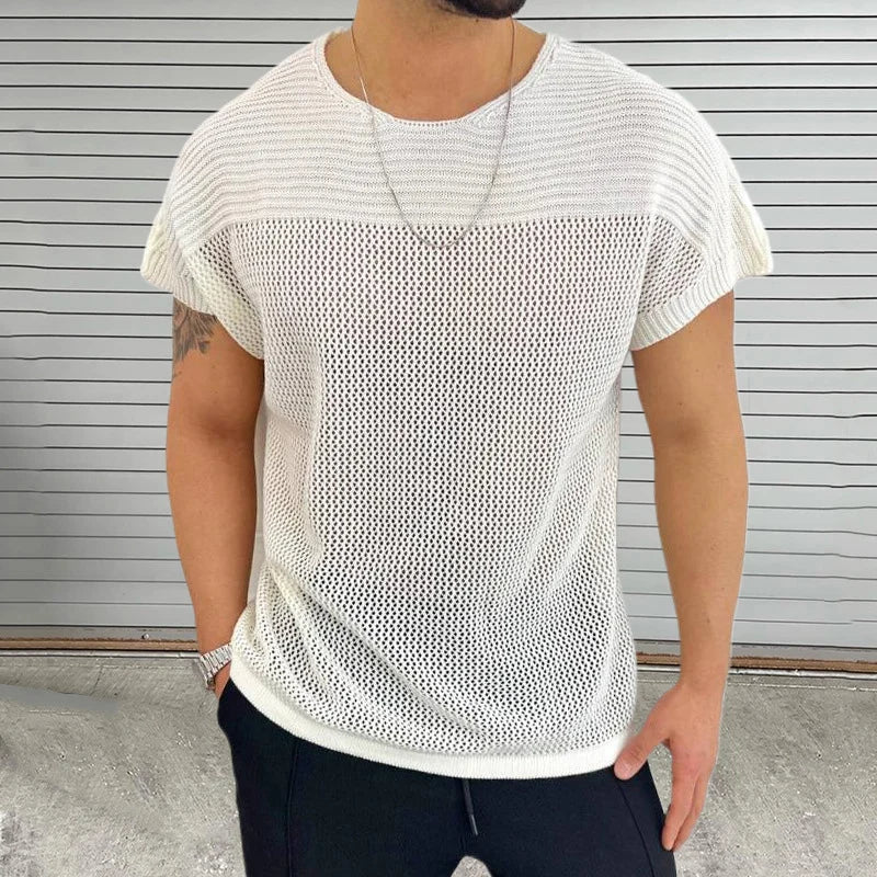 Men's breathable mesh-knit O-neck tee relaxed streetwear silhouette lightweight summer cotton blend
