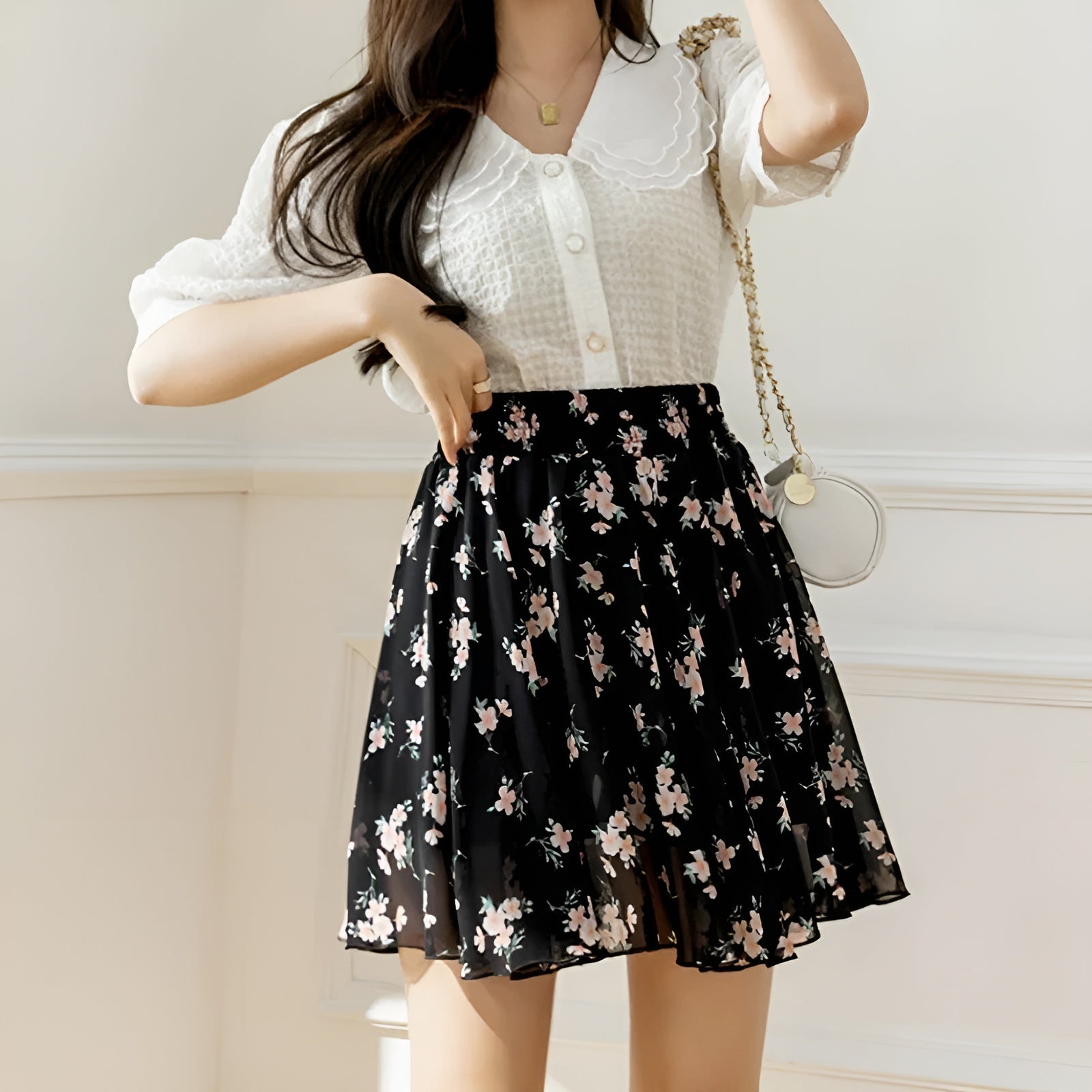 Floral chiffon mini skirt with high cinched waist and dainty pleated free-flare silhouette