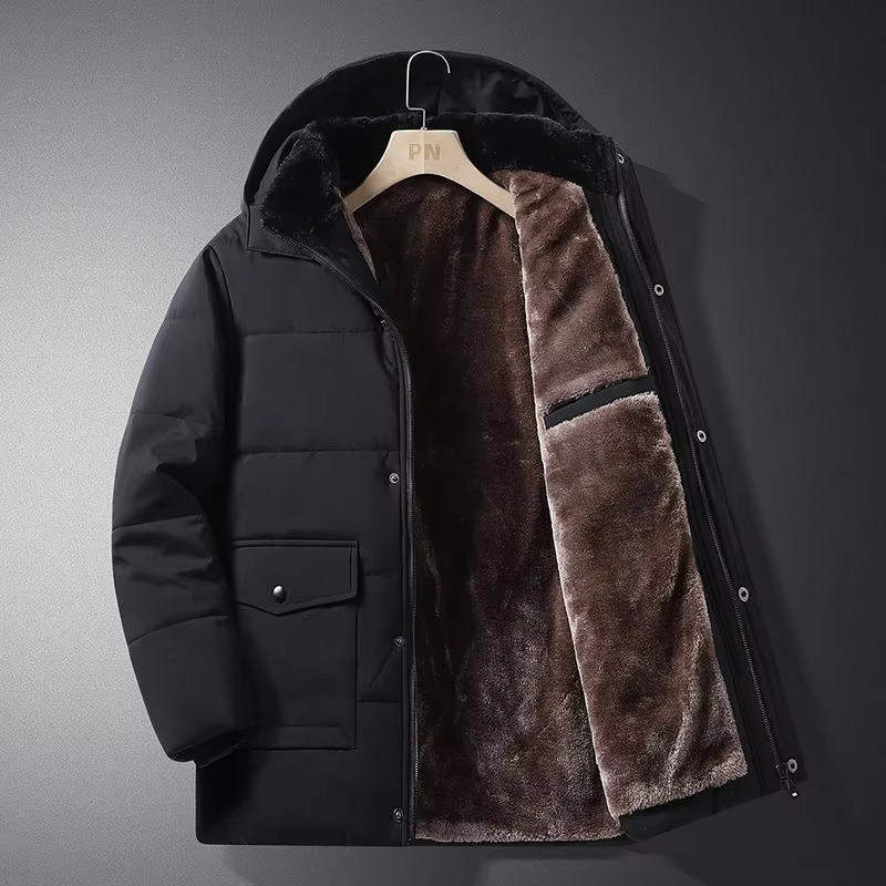 Men's black thick fleece winter parka with hood and insulated quilted liner for cold weather
