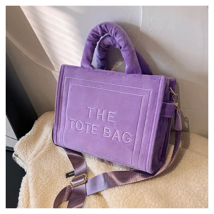 Wavlynn velour square tote bag with letter print, spacious interior, optional strap, luxe texture