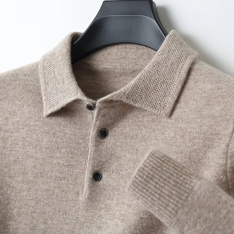 Men's loose fit merino wool polo shirt lightweight breathable classic collar natural warmth