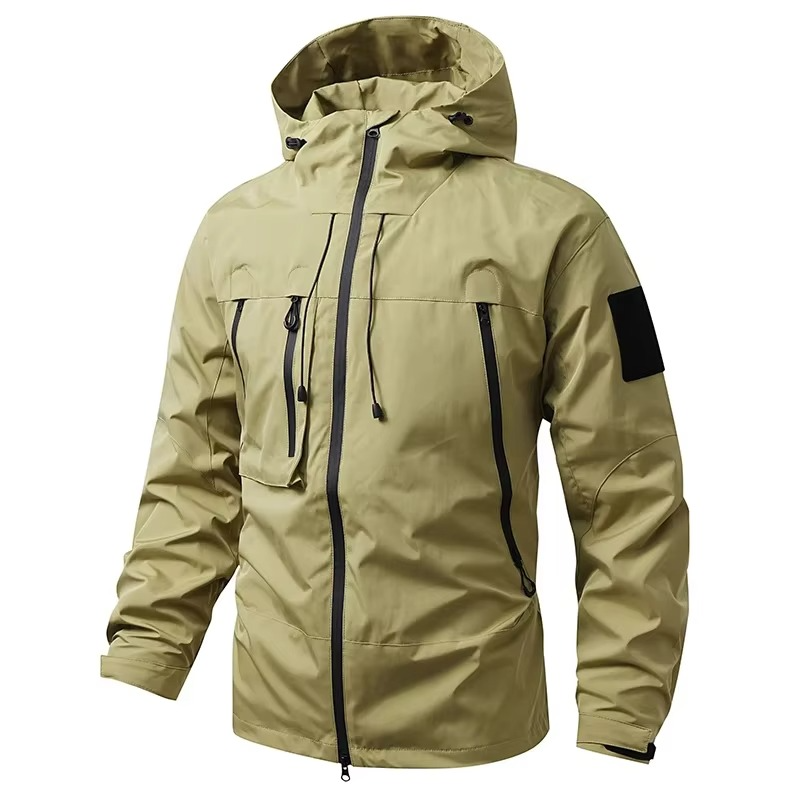 Unisex waterproof windbreaker jacket olive green slim fit with breathable mesh lining for hiking