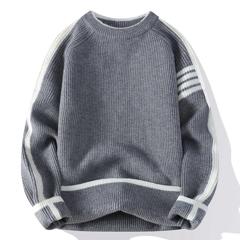 Unisex striped knit pullover loose fit bulky silhouette vertical ribbed texture retro design
