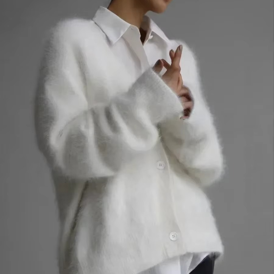 Women's oversized knit cardigan in cozy V-neck button-down sweater coat with plush textured fabric