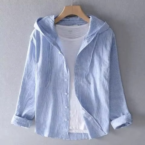 Men's light beige cotton linen hooded shirt relaxed fit long sleeve breathable summer casual