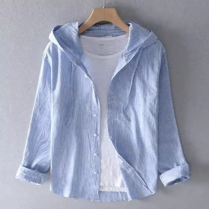 Men's light beige cotton linen hooded shirt relaxed fit long sleeve breathable summer casual
