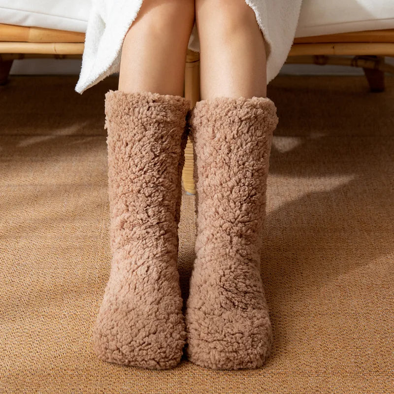 Coraline fuzzy fleece lined socks mid-calf length with non-slip bottoms cozy winter loungewear