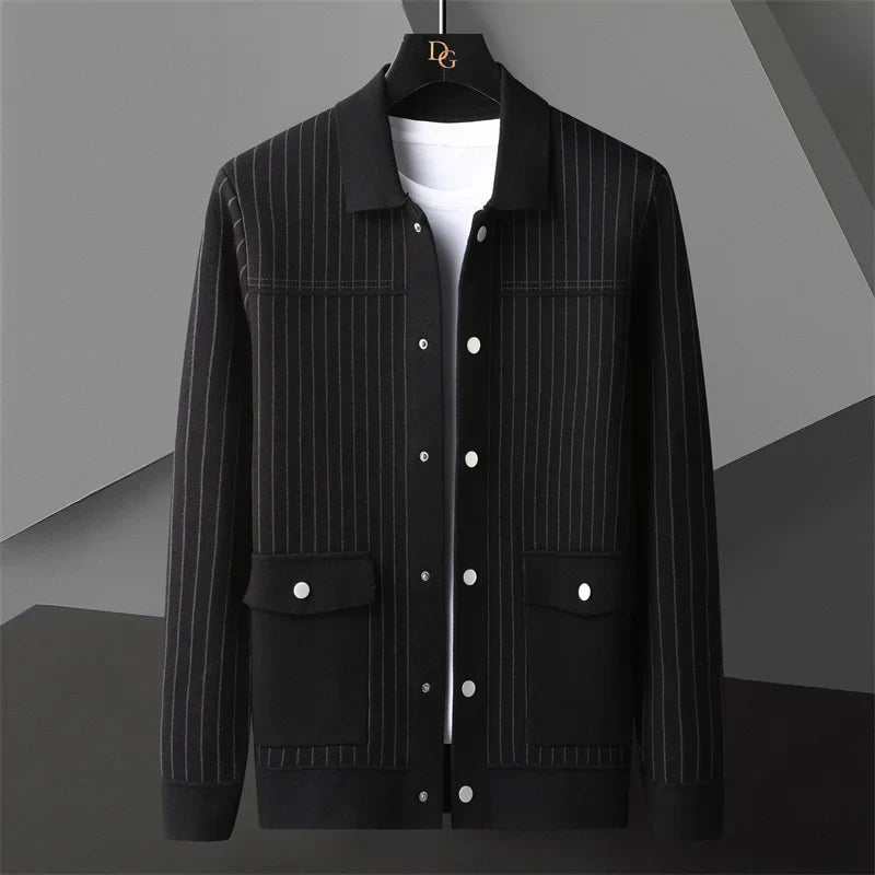 Striped lapel knit cardigan sweater coat with bold autumn design and hidden details