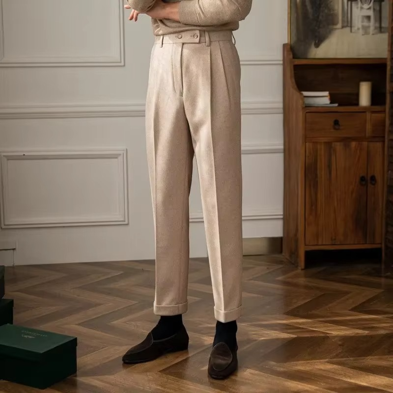 Men's high-waisted wool blend casual pants in neutral tones, tailored fit for autumn winter warmth