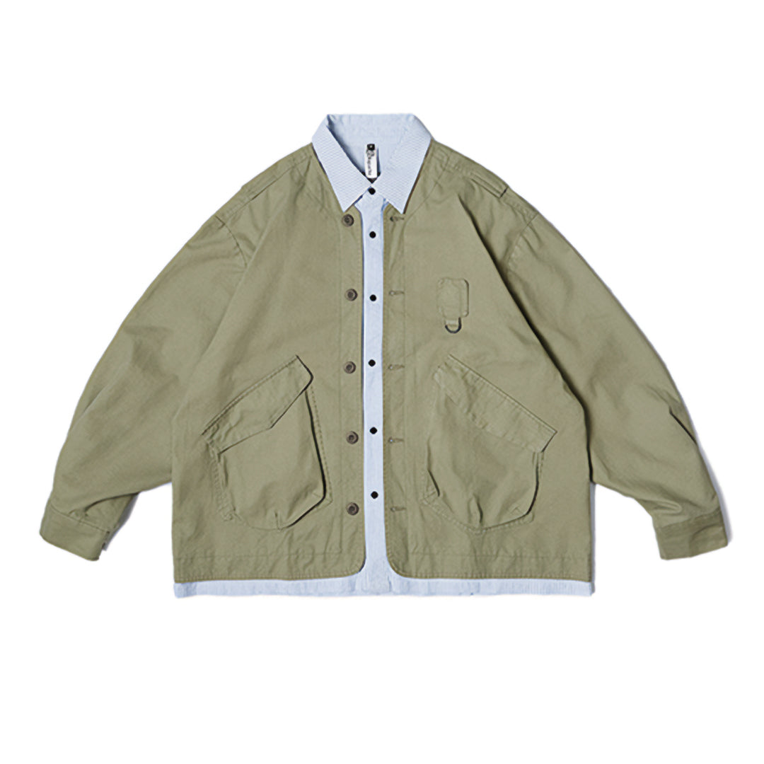 Beige loose-fit cotton cargo jacket with bold pinstripe collar and hem detailing, deep functional pockets
