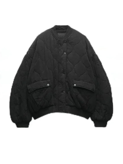 Black quilted bomber jacket relaxed loose fit with button zipper closure and round neck design