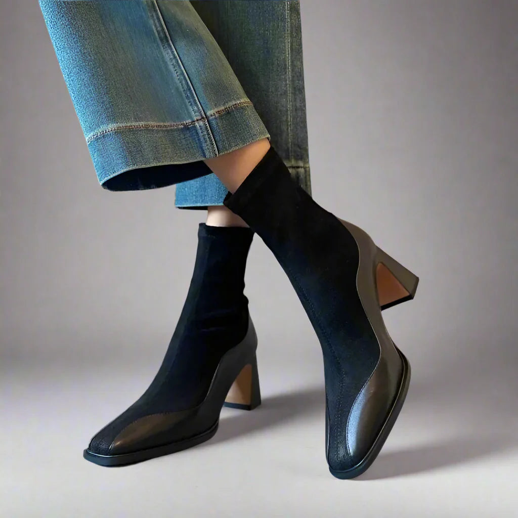 Women's brown spliced suede ankle boots with textured panel detailing and urban silhouette