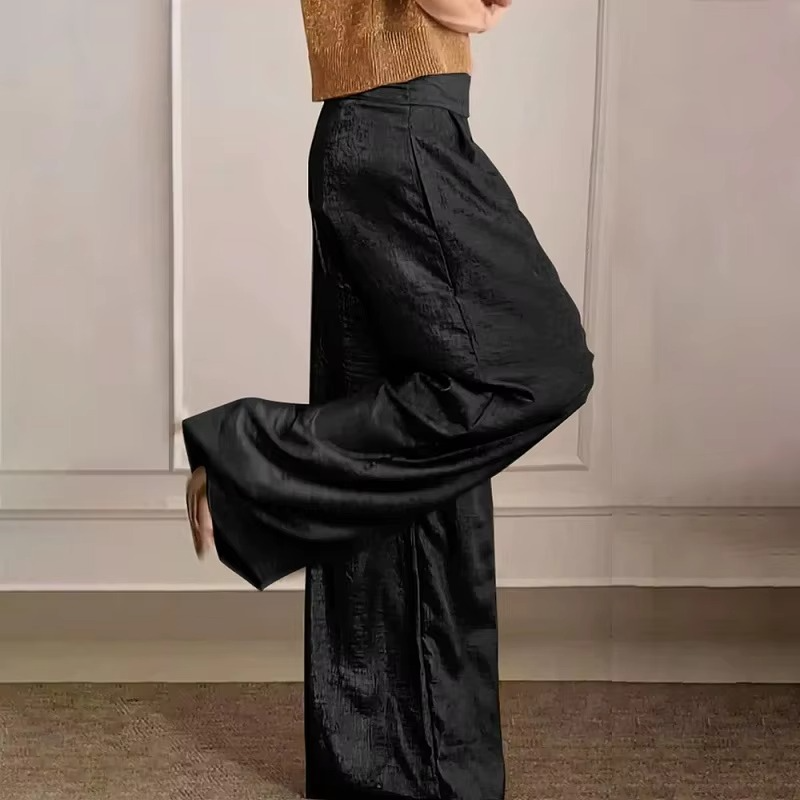 Women's metallic high waist wide leg pants with vintage glamour silhouette and sleek finish