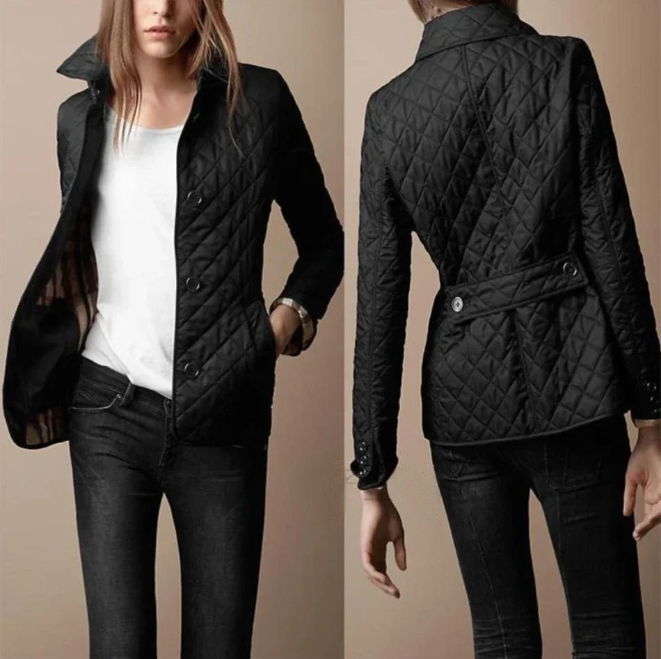 Women's slim fit quilted cotton jacket diamond pattern with classic button closure contrast sleeves