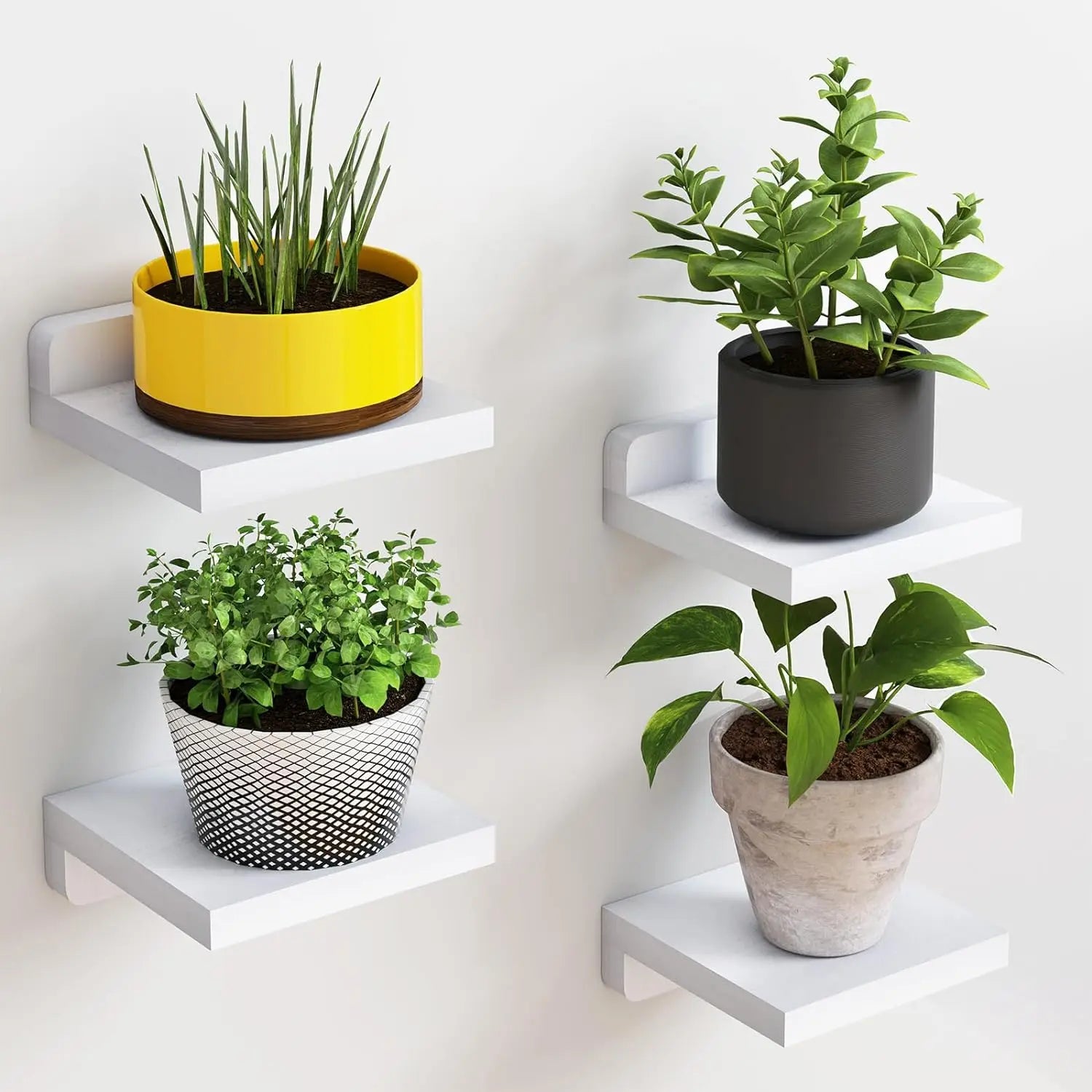 Modern minimalist floating wall shelves set of 4, clean white design, sturdy 8lb capacity