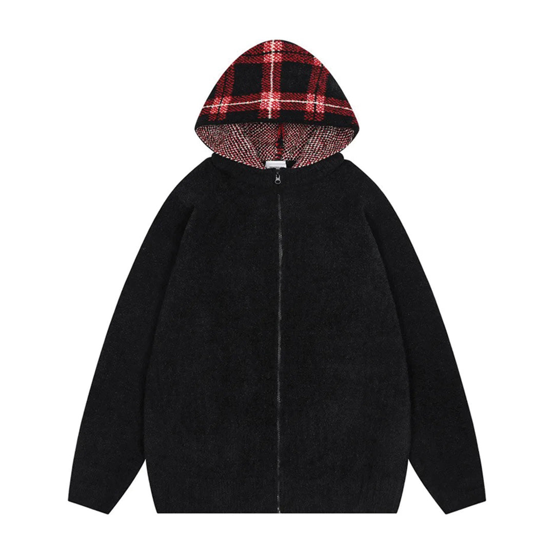 Brushed wool plaid hooded sweater in solid body with bold patterned hood and zipper closure