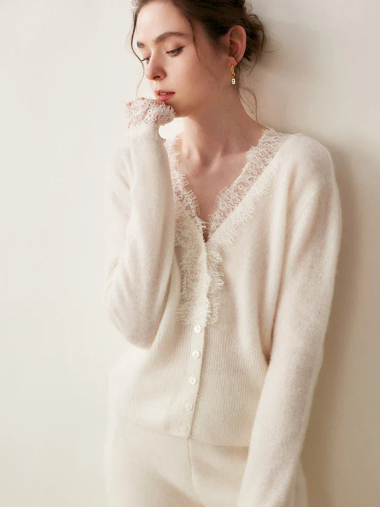 Women's fitted V-neck cardigan with lace trim and button front, hip-length elegant smart casual knit