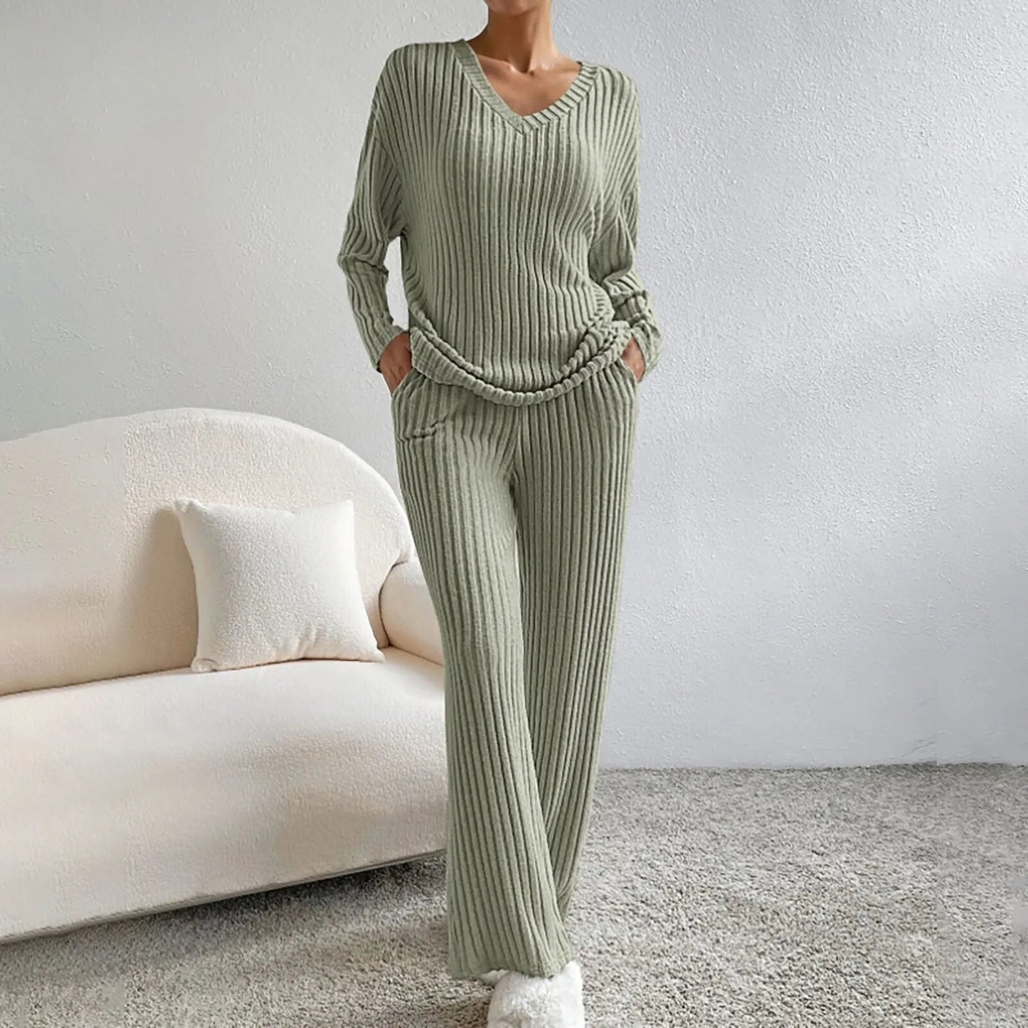 Ribbed knit 2-piece loungewear set in neutral tones with V-neck sweater and matching relaxed trousers