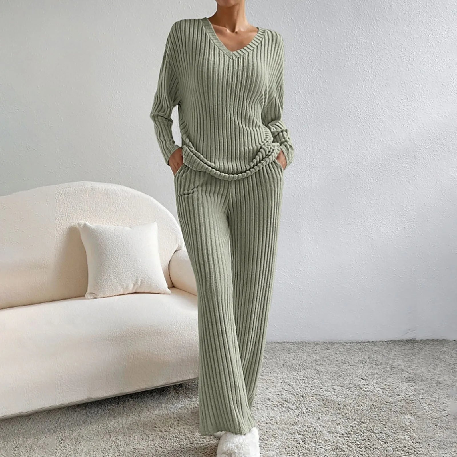 Ribbed knit 2-piece loungewear set in neutral tones with V-neck sweater and matching relaxed trousers