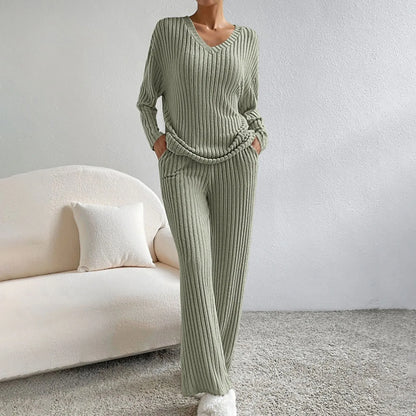 Ribbed knit 2-piece loungewear set in neutral tones with V-neck sweater and matching relaxed trousers