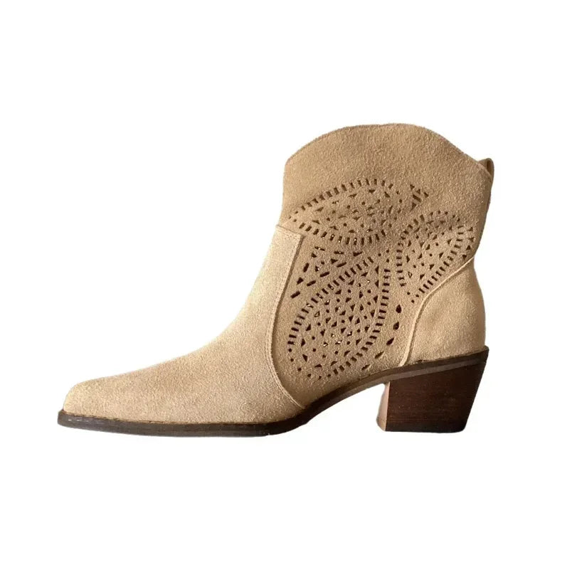 Warm brown faux suede Western ankle boots with pointed toe and rich textured finish