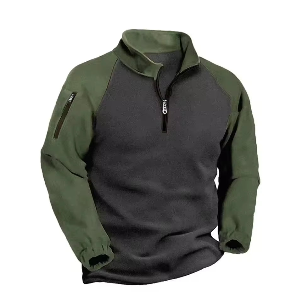 Men's lightweight fleece mock neck half-zip pullover with two-tone design and zippered arm pocket