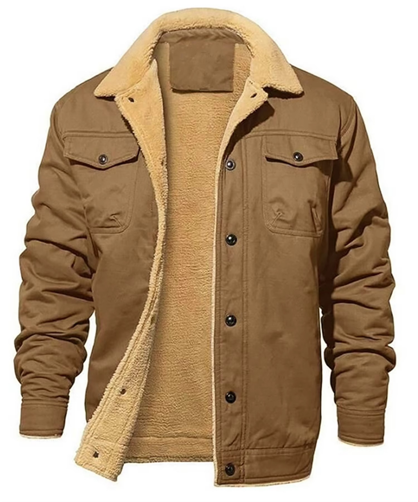 Men's dark winter parka with faux shearling lining, windproof insulated coat with front pockets